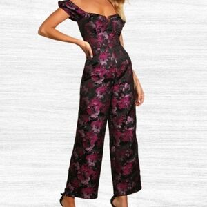 Lulus Glam Black Floral Jacquard Bustier Off-the-Shoulder Jumpsuit, New - Small